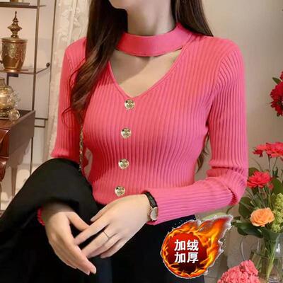 秋冬新款镂空v领毛针织衫