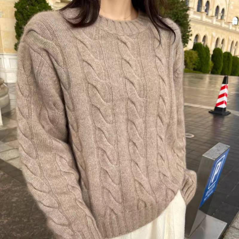 重磅麻花加厚圆领羊毛针织衫女秋冬宽松气质复古绿毛衣打底羊毛衫