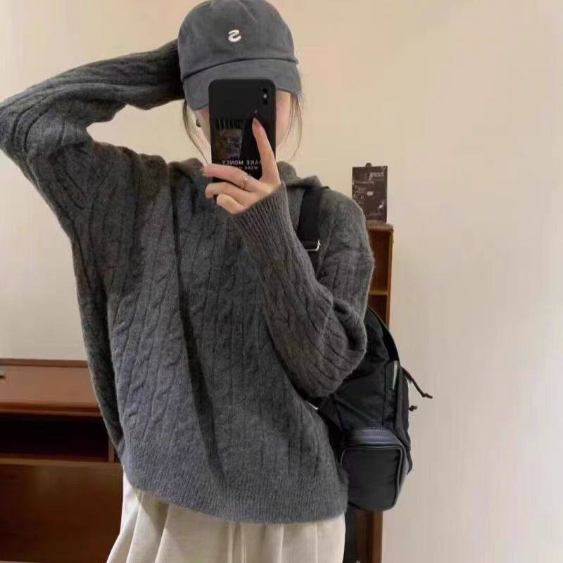 秋冬新款加厚百搭休闲麻花连帽衫女士羊毛衫软糯长袖套头针织毛衣