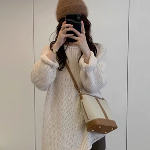 秋冬中长款一字领羊毛衫女宽松慵懒软糯加厚同款棒针纯羊毛衣套头