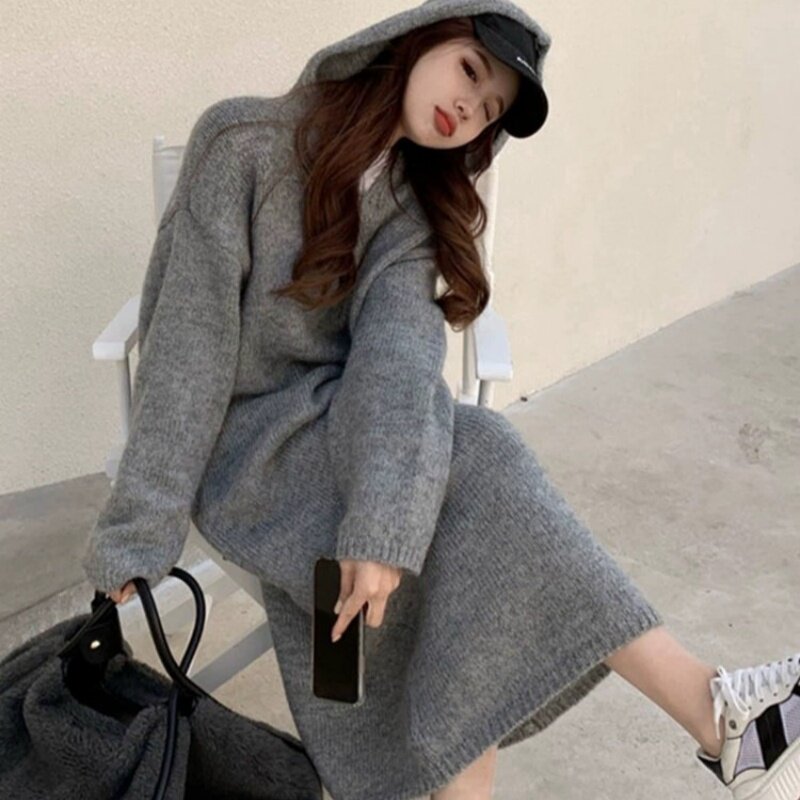 欧货秋冬中长款连帽羊毛衫女宽松长裙慵懒风羊毛针织打底衫外穿