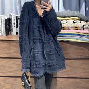 秋冬新款开衫女纯羊毛针织衫毛衣慵懒宽松双层流苏小香风外套