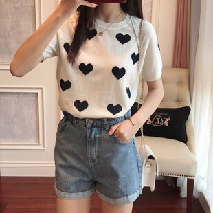 显瘦T恤轻熟风百搭薄款 羊毛针织女2021夏季 修身 圆领爱心短袖 新款