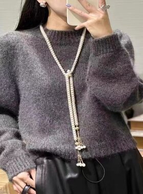 纯羊毛半高领毛衣女加厚短款套头长袖秋冬羊毛衫宽松慵懒上衣