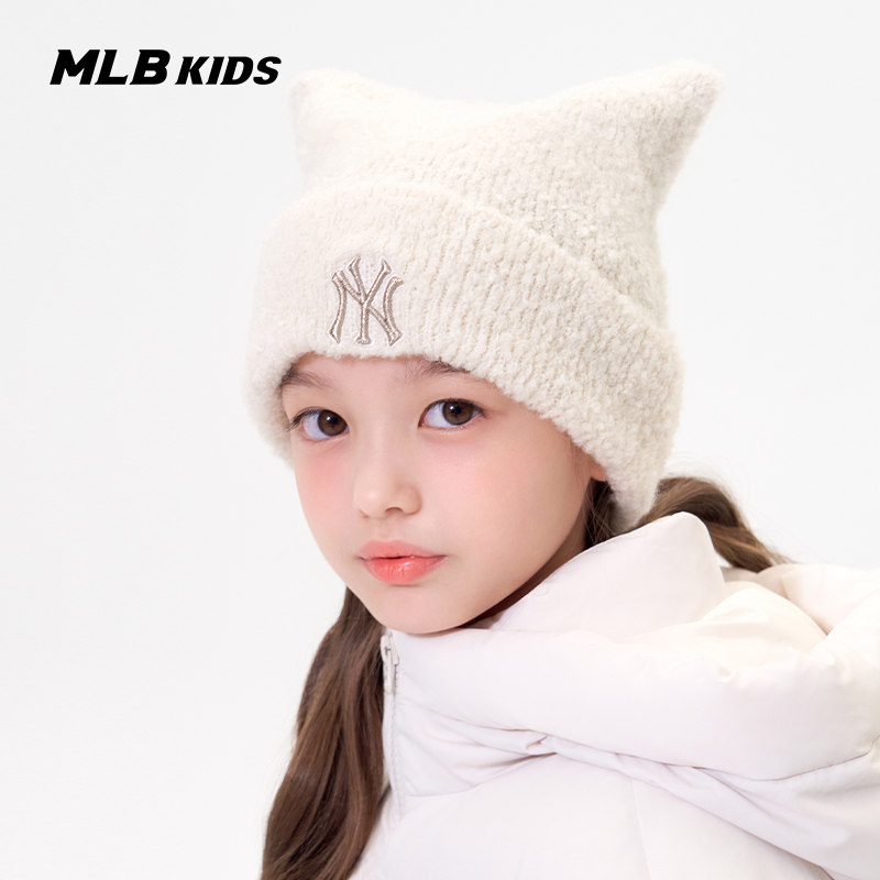 MLB女童毛线帽NY大标猫耳针织帽