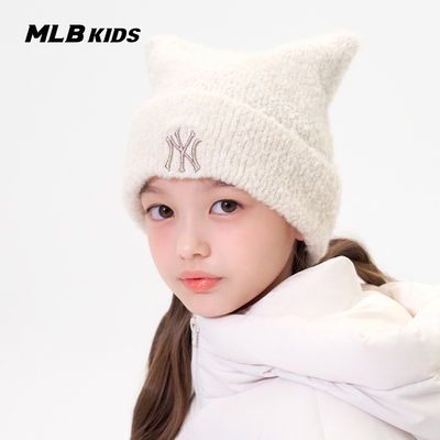 MLB女童毛线帽NY大标猫耳针织帽
