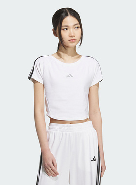 25新款adidas阿迪达斯女三条纹运动短款显腰短袖T恤KB7752/KB7753