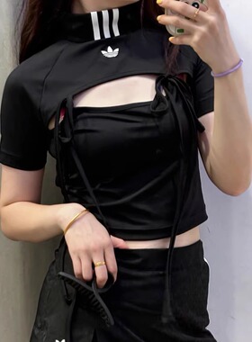Adidas阿迪达斯三叶草女子高领镂空假两件修身运动短袖T恤 JX2537