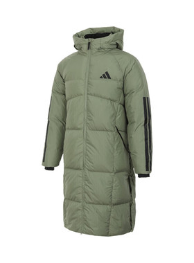 阿迪达斯adidas男女同款冬季长款鸭绒600蓬绿色连帽羽绒服JG3839