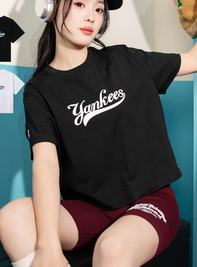 24春夏新款MLB短袖女款学院风字母印花圆领休闲运动T恤3FTSV1243