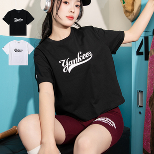 24春夏新款MLB短袖女款学院风字母印花圆领休闲运动T恤3FTSV1243