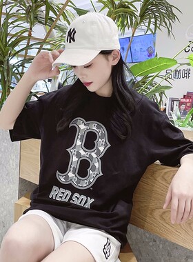 MLB运动短袖男女同款潮牌NY标印花字母圆领情侣宽松T恤3ATSM0333