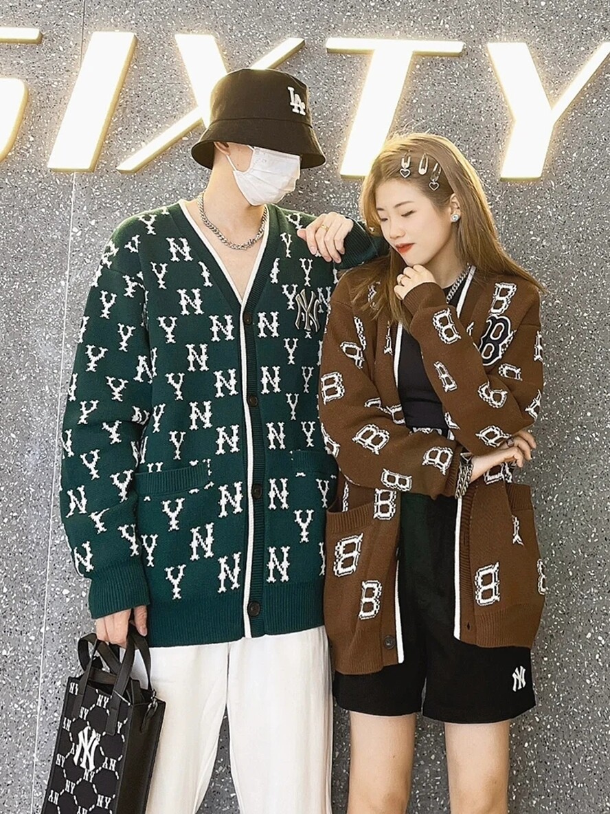 남성과 여성을 위한 MLB 니트 카디건 NY 올드 플라워 풀 라벨 레트로 스웨터 커플 대학 스타일 인 재킷 3AKCM0124