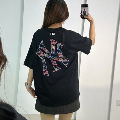 MLB情侣短袖男女NY幻彩印花T恤