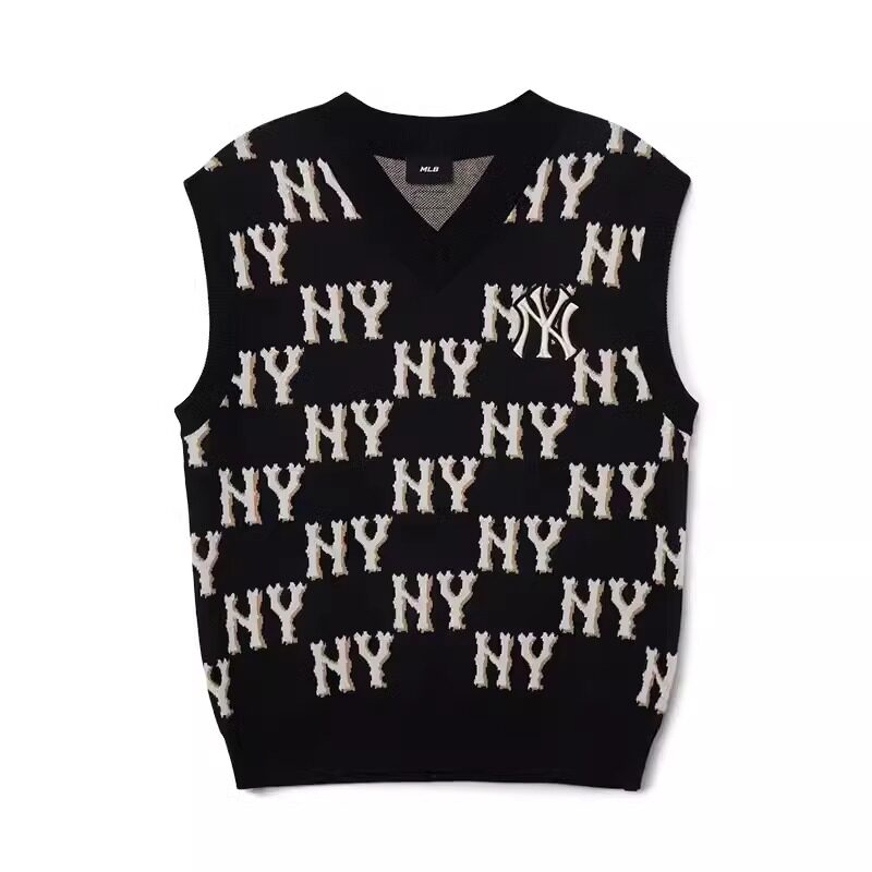 MLB 남성과 여성 커플 니트 오래된 꽃 풀 라벨 복고풍 스포츠 스웨터 V 넥 조끼 재킷 3AKPM0331