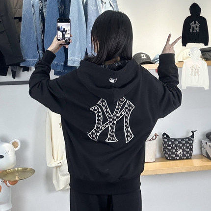 25新款MLB外套男女NY复古老花拉链连帽卫衣宽松休闲夹克3ATRM0451