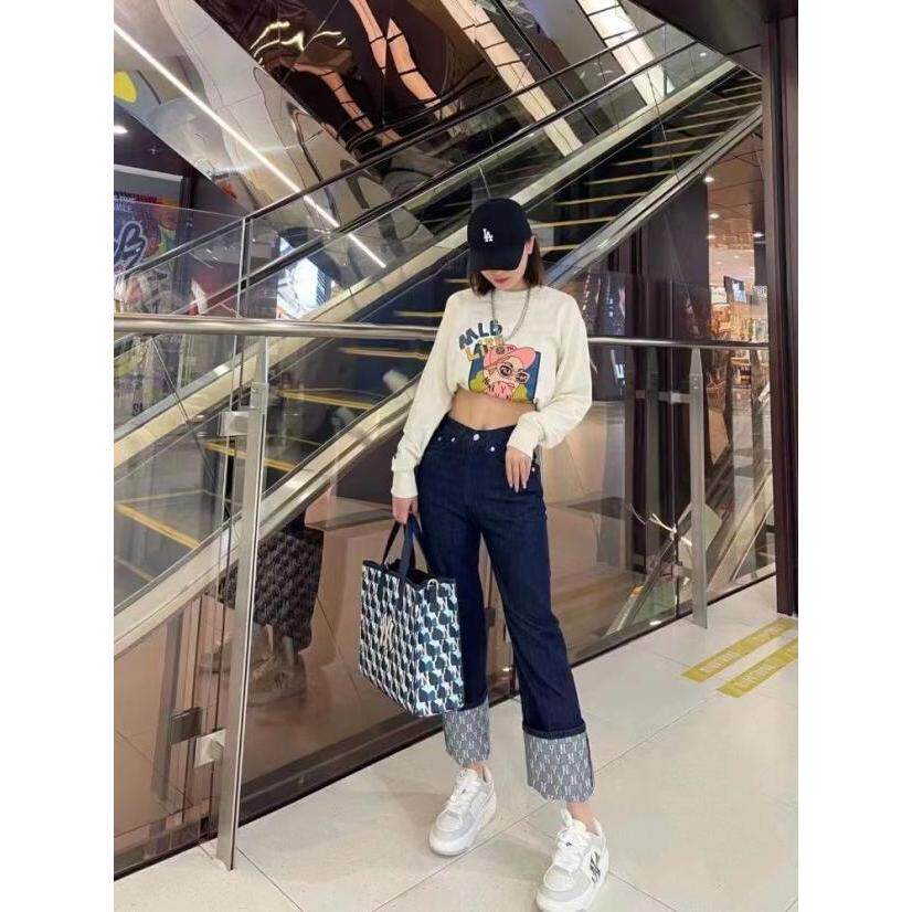 MLB专柜正品运动休闲秋冬女款纯色Logo直筒裤牛仔裤蓝色3FDPM0324