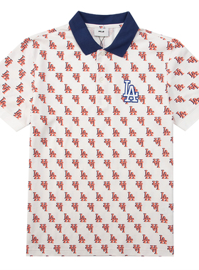 MLB短袖男女同款NY复古老花满标翻领POLO衫休闲运动T恤3LPQM0133