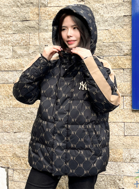 24新款MLB情侣羽绒服男女NY复古老花拼接保暖棉羽外套3ADJM0546