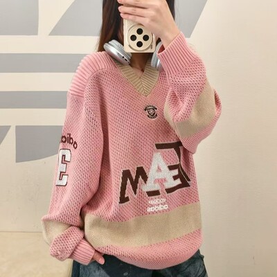 阿迪达斯三叶草宽松V领针织毛衣