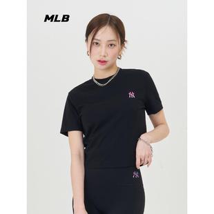 MLB女款炫彩logo纯色短袖圆领宽松短款T恤24夏季新款3FTSBA143