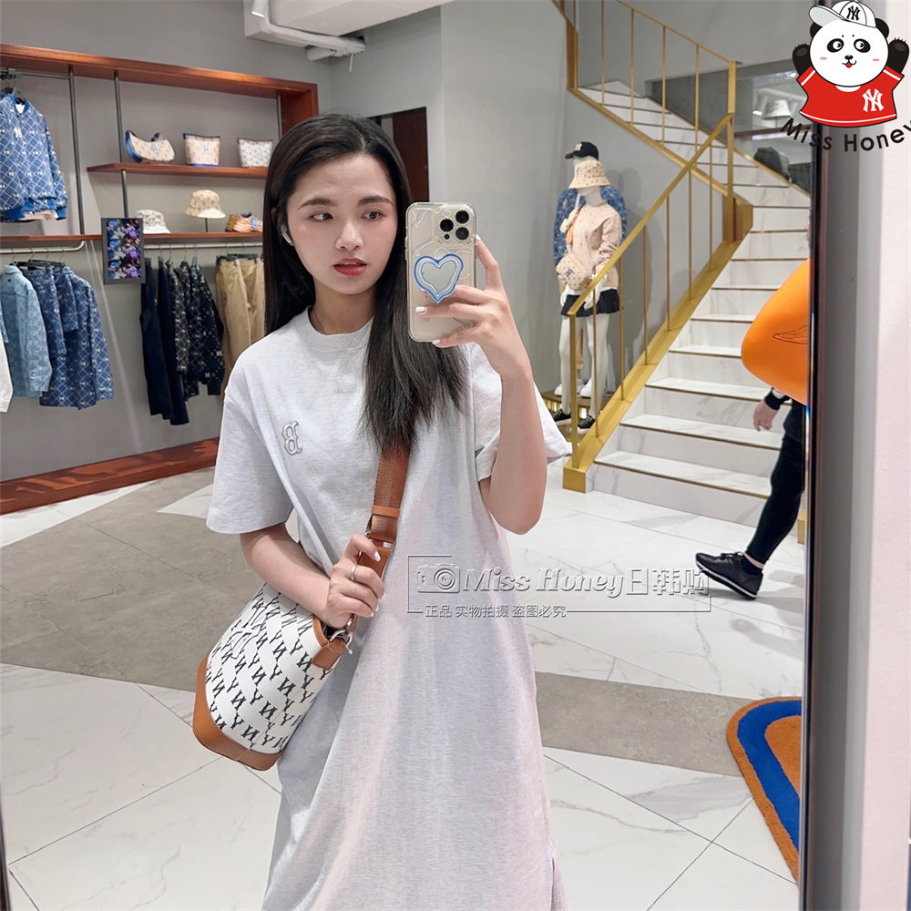 MLB长款女款运动纯色直筒休闲短袖连衣裙时尚开叉百搭裙3FOPB0233