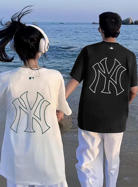 24新款MLB情侣短袖男女NY镂空印花学院风休闲运动T恤3ASWB2243