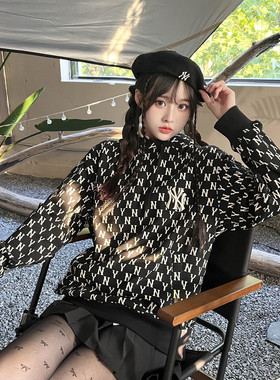 MLB卫衣男女装NY复古老花卫衣满标连帽长袖宽松套头衫3AHDM0224