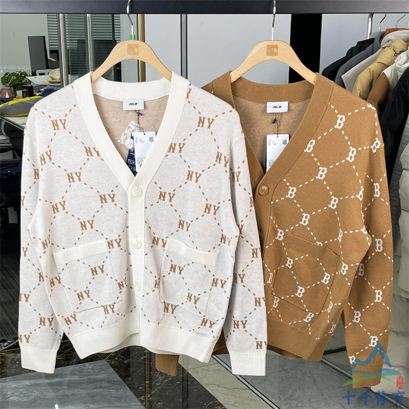 24新款MLB男女情侣学院风NY钻石老花连线开衫针织外套3AKCM0144