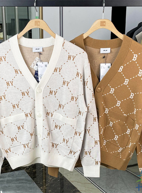 24新款MLB男女情侣学院风NY钻石老花连线开衫针织外套3AKCM0144