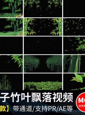 清新竹叶飘落竹子竹林绿色叶子落叶散落MOV透明通道视频背景素材