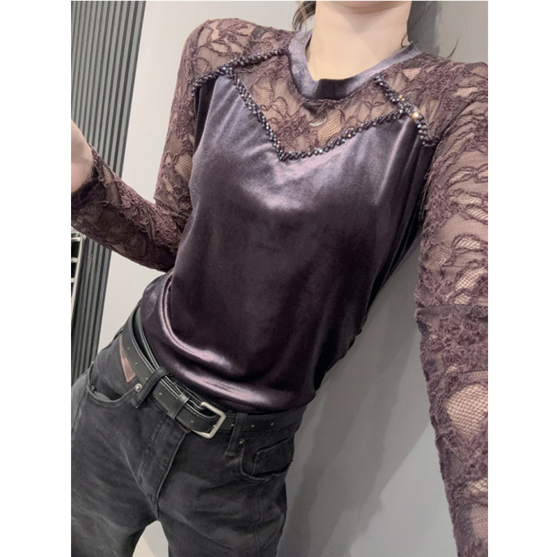 性感蕾丝钉珠T恤长袖女拼接秋冬