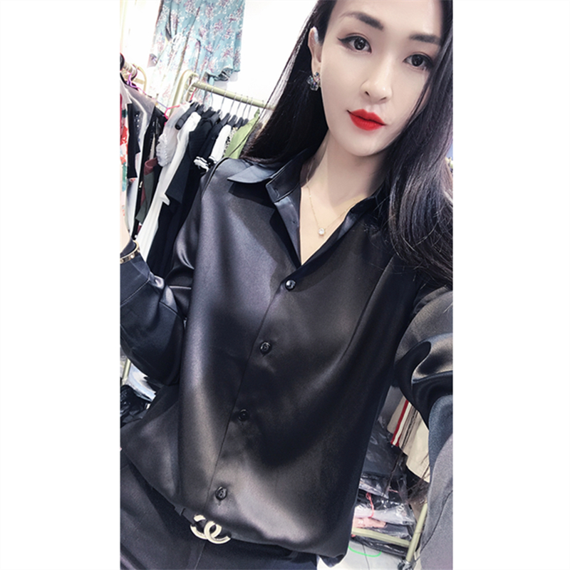 宽松欧洲站单排扣长袖缎面衬衫女