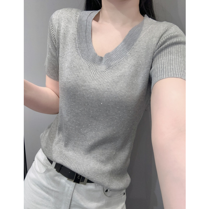 重工烫钻冰丝针织衫短袖女夏新款