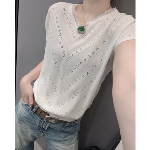 花边蕾丝V领短袖女冰丝针织衫欧货洋气百搭宽松镂空小飞袖上衣夏v