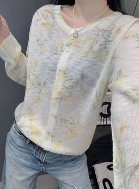 罩衫外搭长袖女冰丝针织衫印花