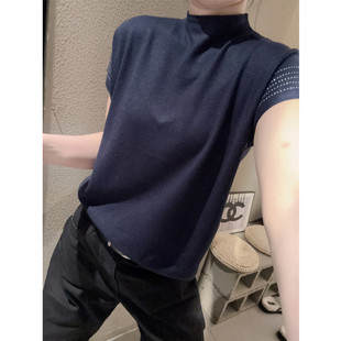 半高领打底衫短袖女小众洋气宽松立领冰丝针织衫时尚烫钻上衣夏天