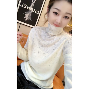 秋冬款修身高领针织衫长袖女欧货重工烫钻内搭毛衣打底衫洋气上衣