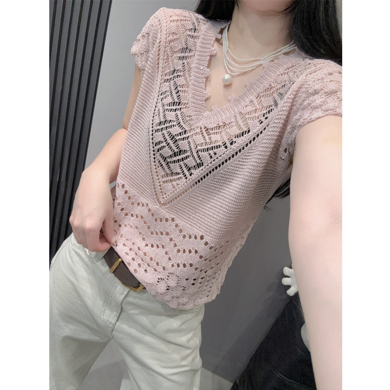 设计感镂空V领冰丝针织衫短袖女微透宽松罩衫叠穿破洞气质上衣夏