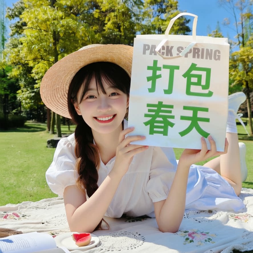 打包春天ins风大号礼品纸袋春游用品手提包装生日装饰礼物纸袋子