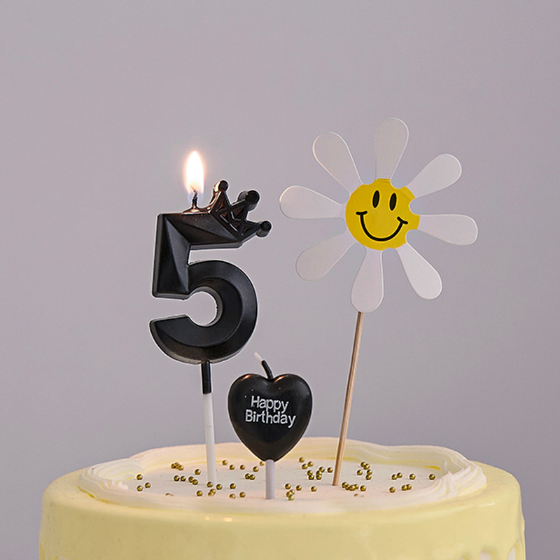 ins黑色钻石皇冠数字蜡烛生日派对聚会蛋糕装饰道具用品氛围拍照