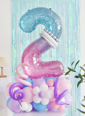 紫色星空女孩数字气球立柱3宝宝1 2周岁派对场景布置装饰儿童生日