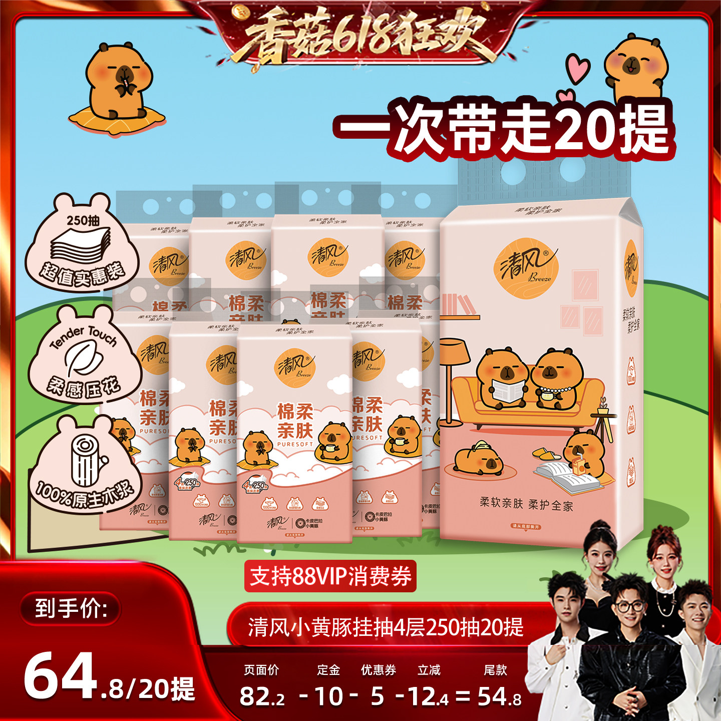 【先加购！香菇618】清风棉柔系列卡皮巴拉悬挂抽纸4层250抽20提