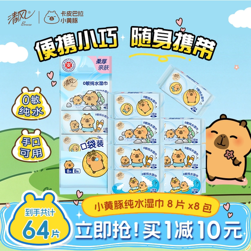 清风64片小包便携纯水湿巾