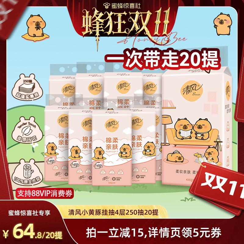 【蜂狂双11】清风棉柔系列卡皮巴拉挂抽4层250抽20提S码
