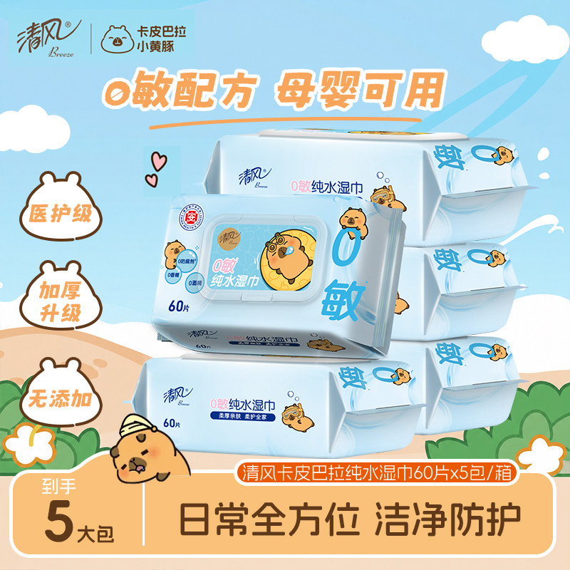 清风卡皮巴拉湿巾60片5包随身装