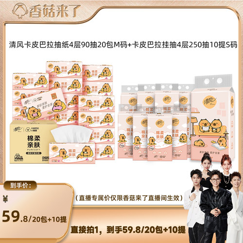 【香菇来了】清风卡皮巴拉抽纸4层90抽20包M码+挂抽4层250抽10提