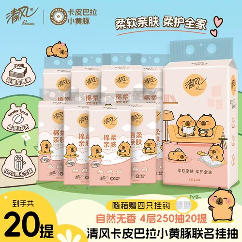 清风卡皮巴拉250抽20提悬挂式抽纸家用餐巾纸卫生纸手纸实惠整箱