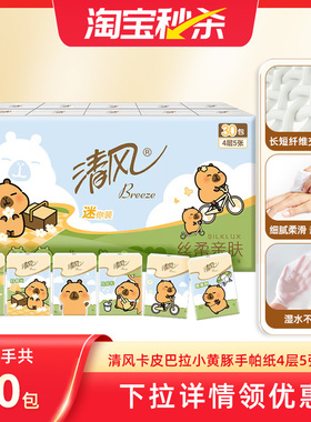 清风手帕纸卡皮巴拉小黄豚印花30包随身装便携式迷你卫生纸ms