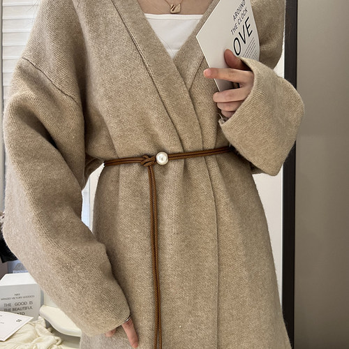 配裙子毛衣女士腰带细皮绳装饰连衣裙珍珠时尚百搭长黑色腰链